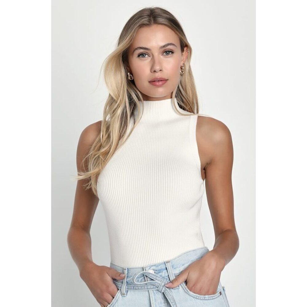 Lulus Seasonal Sophistication Ivory Ribbed Mock Neck Sweater Tank Top White